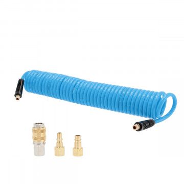 Spiral air hose 10 bar 10 m 1/4" 12 x 8 mm PU with set of couplings and nipples